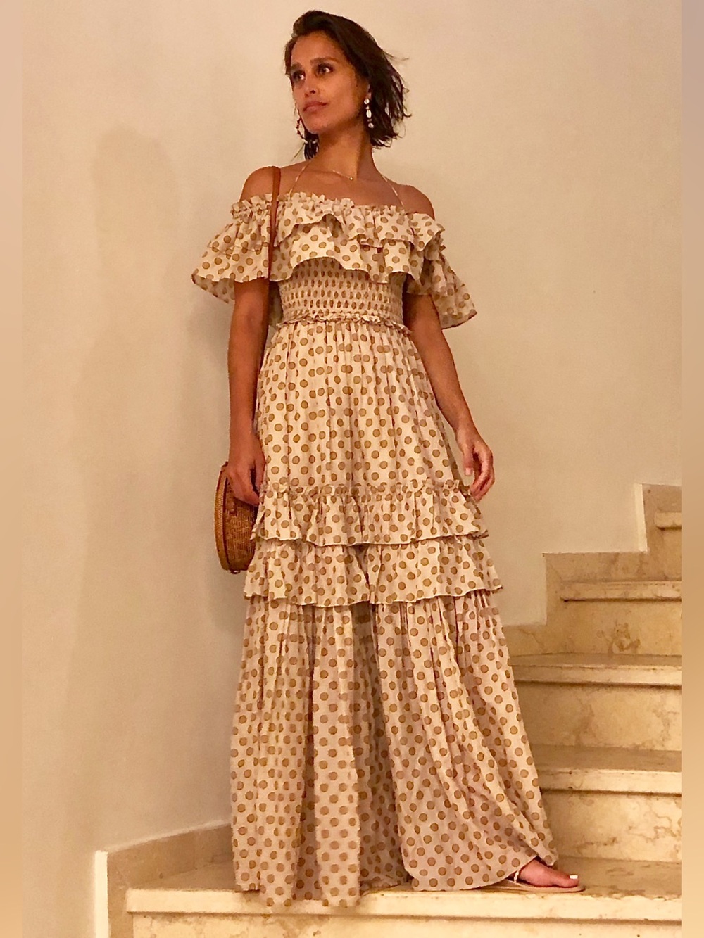 Polka-Dot Beige Maxi Dress with Ruffles - Picture 2 of 5